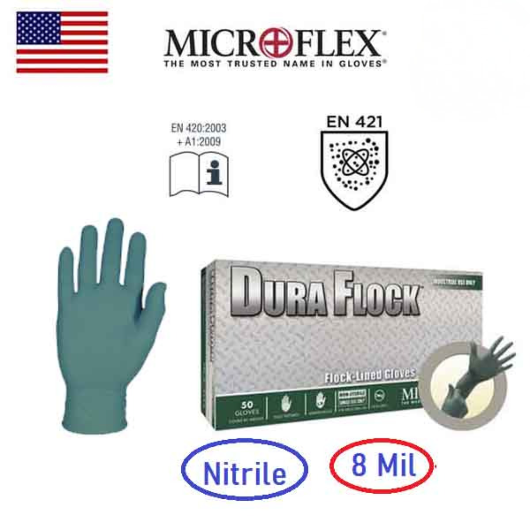 MICROFLEX DFK-608 Dura Flock Flock-lined Powder Free Nitrile Disposable Glove Green x 50pc, USA