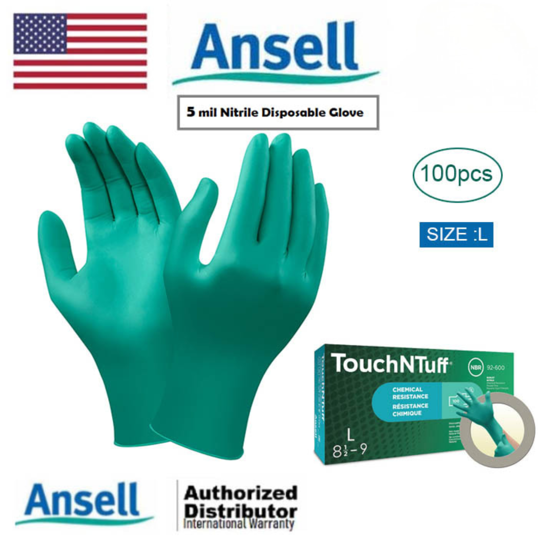 ANSELL 92-600 TouchNTuff Powder Free Chemical Resistant Nitrile Disposable Glove Green x 100pc, Size L